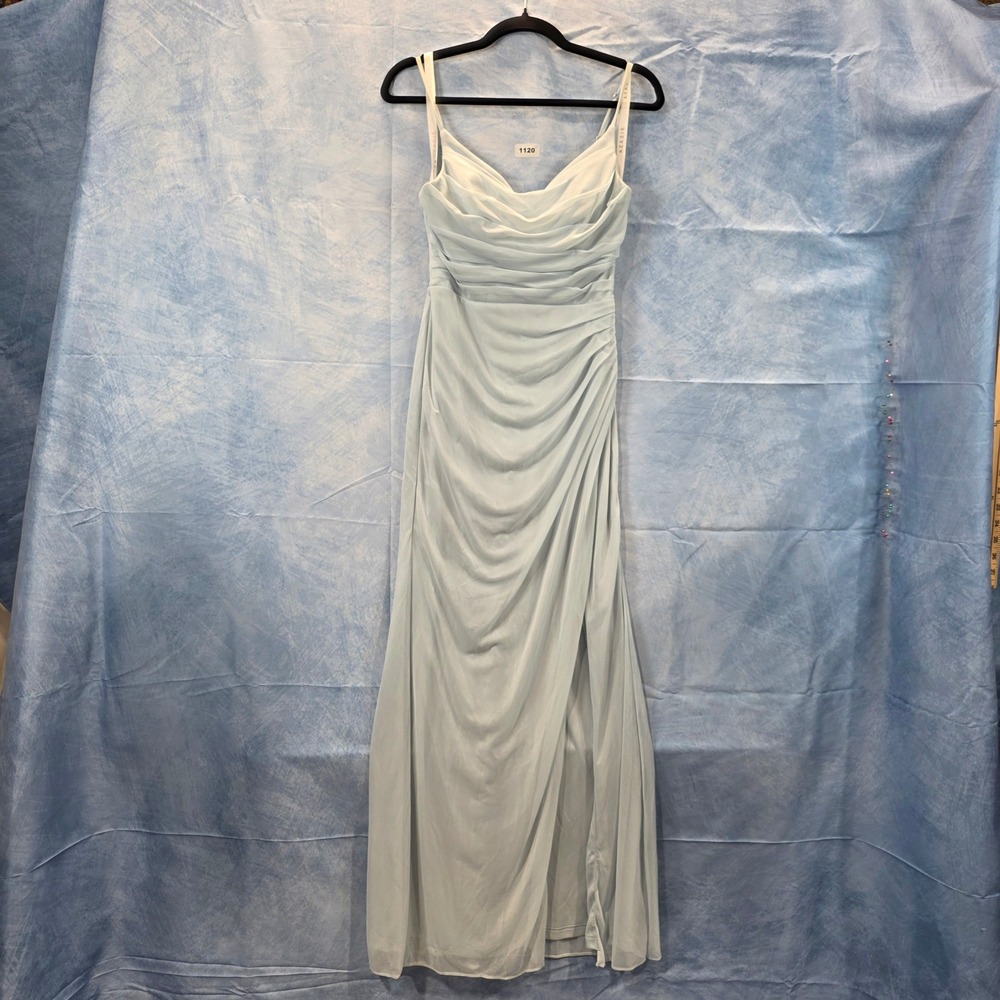 Azazie Light Blue Ruched Chiffon Maxi Bridesmaid Dress V-Neck Slit Size‎ A2